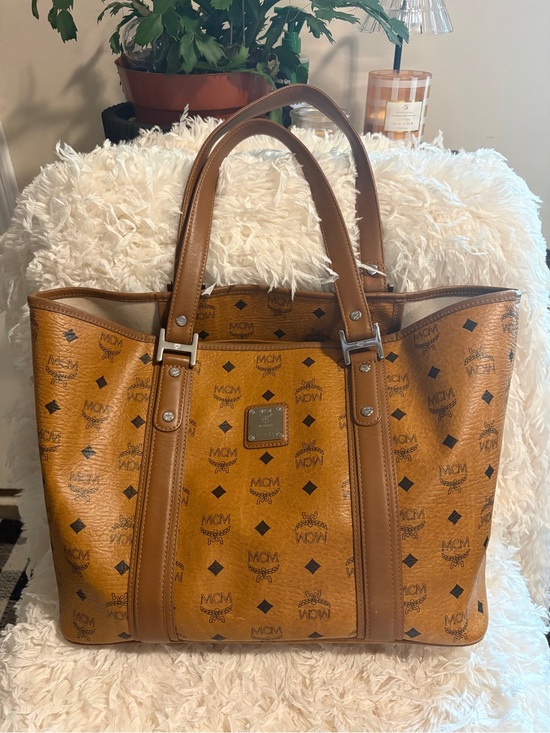 MCM Handbags - MCM Cognac Visetos Canvas Leather Trim Monogram Pattern Tote Bag